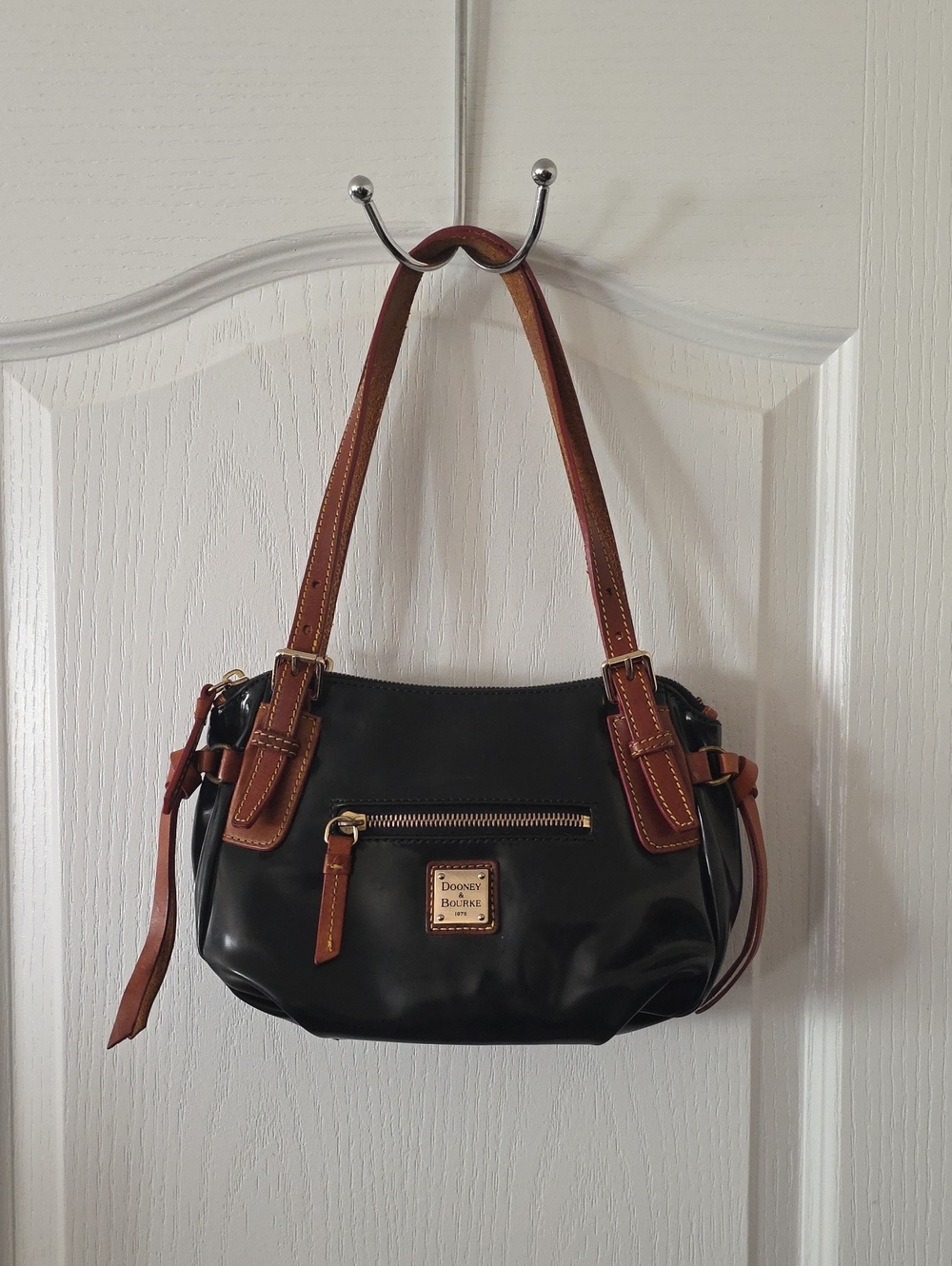 Dooney & Bourke Black Leather Shoulder Bag with Brown Trim